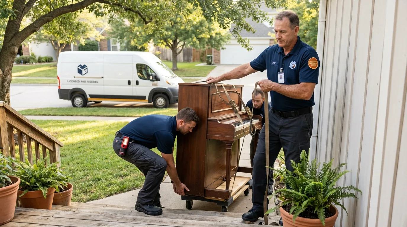 Licensed piano movers securing grand piano in Ashland, MS