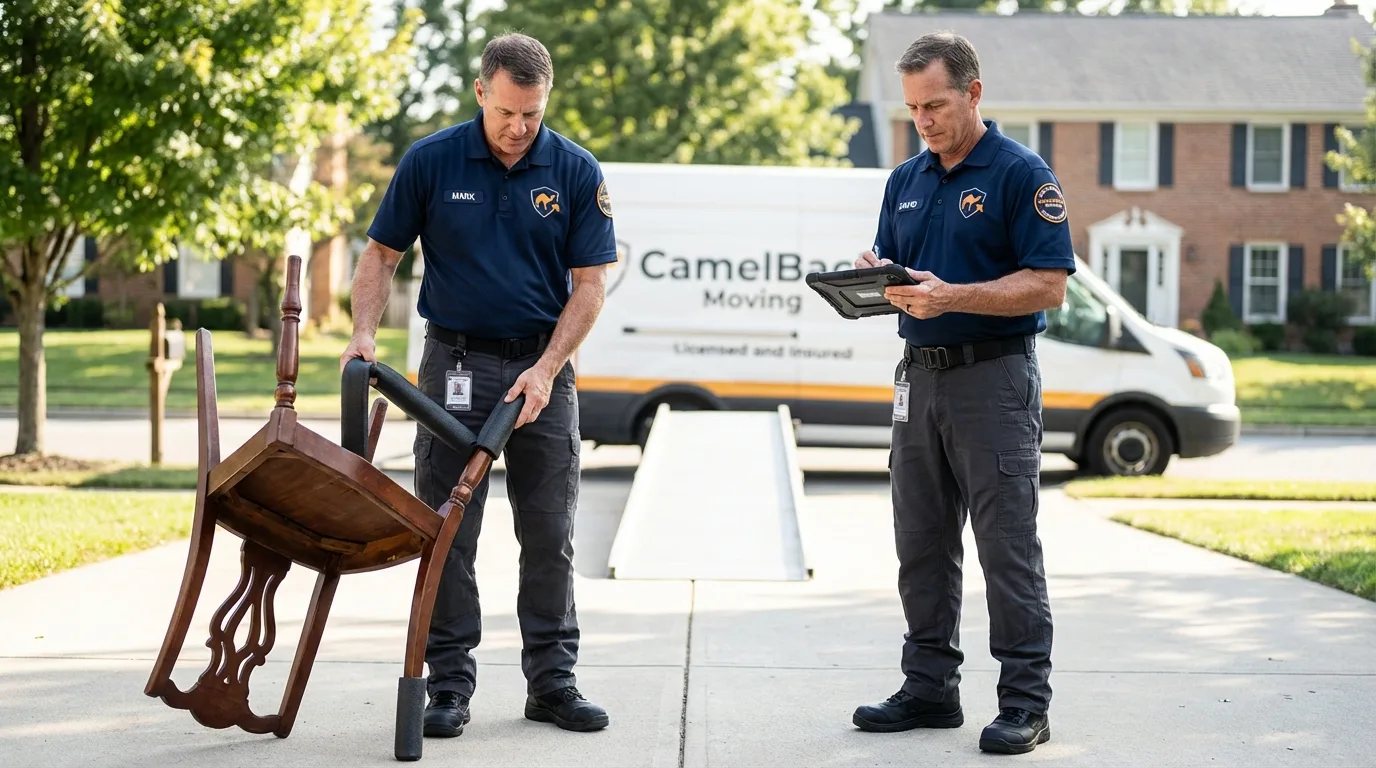 Movers inspecting furniture for damage prevention before loading in Ashland, MS